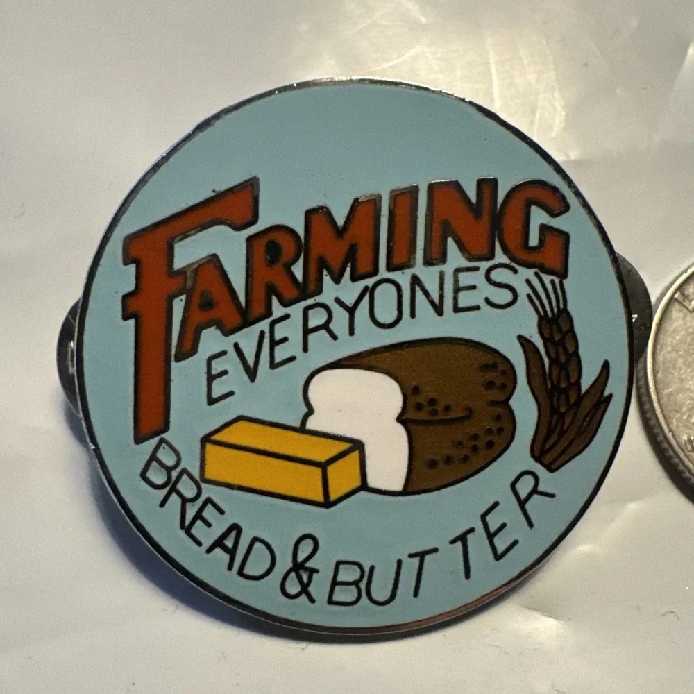 Vintage Farming Everyones Bread & Butter Hat Coat Vest Lapel Pin Farm Farmer